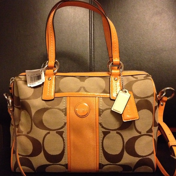 NWT SIGNATURE STRIPE SATCHEL KHAKI/ORANGE SPICE