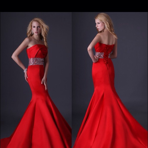 Long red bridesmaid dress or evening gown.
