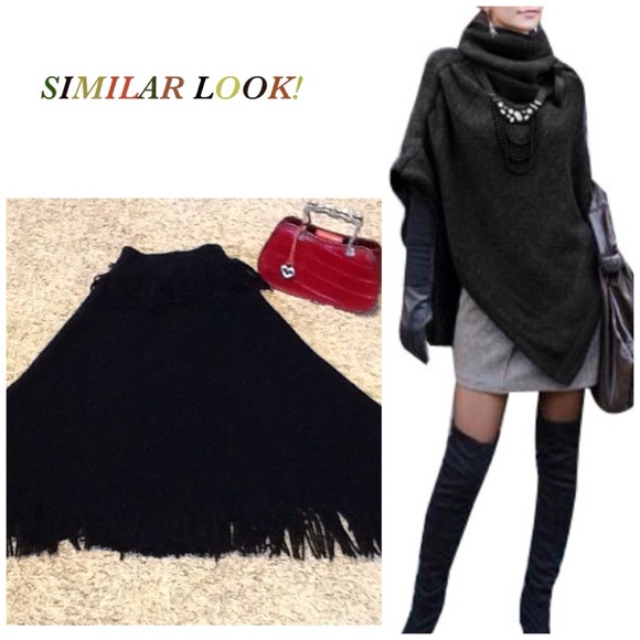 Dresses & Skirts - 🍁Fall🍁Black fringe sweater poncho, NWOT
