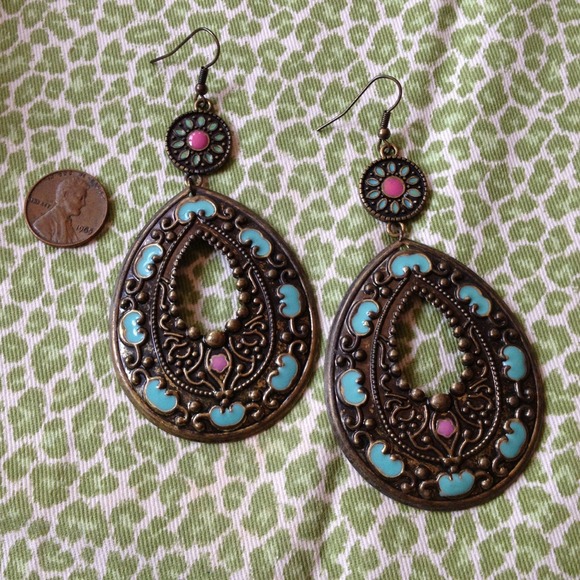 FUN LARGE BOHO TURQUOISE AND MAGENTA EARRINGS