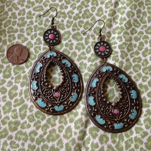 FUN LARGE BOHO TURQUOISE AND MAGENTA EARRINGS