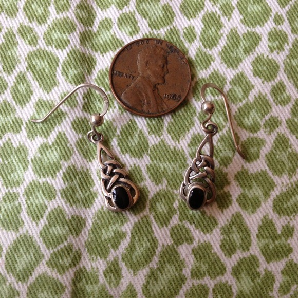 SMALL CELTIC OR TRIBAL STERLING AND ONYX EARRINGS