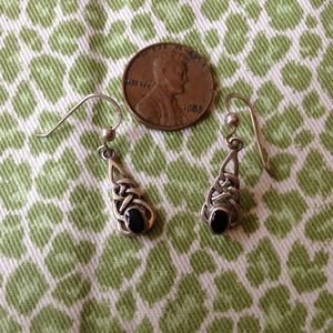 SMALL CELTIC OR TRIBAL STERLING AND ONYX EARRINGS
