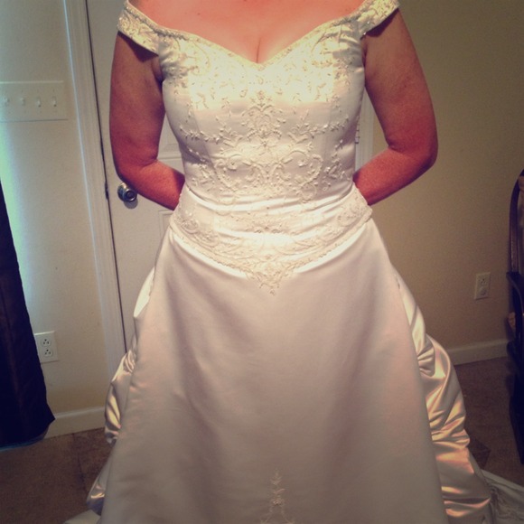 David's Bridal Dresses & Skirts - Off-the-shoulder satin wedding gown.
