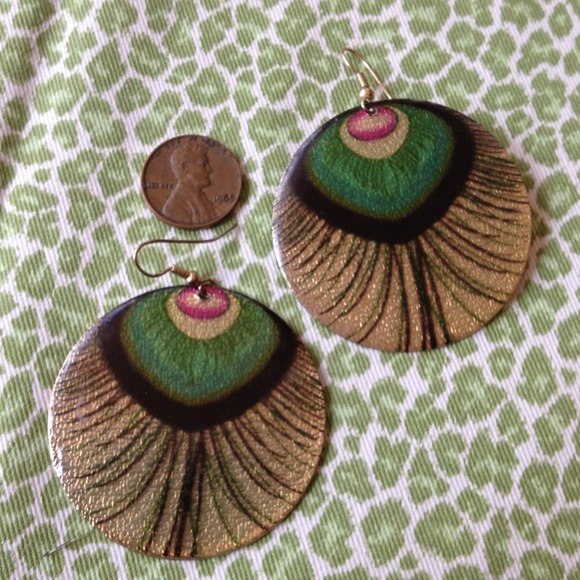LARGE METAL DISCS PEACOCK FEATHER EARRINGS TRENDY