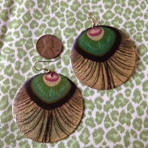 LARGE METAL DISCS PEACOCK FEATHER EARRINGS TRENDY