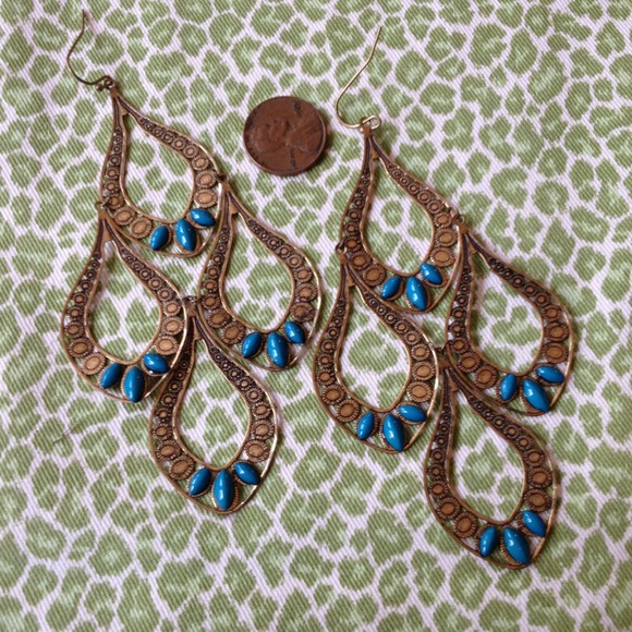 LG TRENDY BOHO GOLD TONE BRASS &TURQUOISE EARRINGS