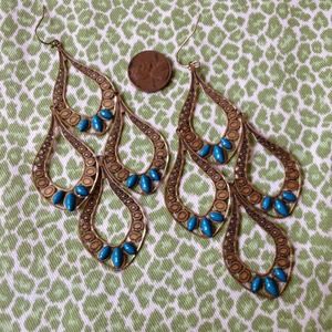 LG TRENDY BOHO GOLD TONE BRASS &TURQUOISE EARRINGS