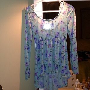 Blue shirt with purple flowers. Adorable!