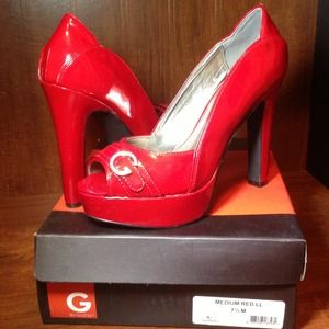 👠 Red Guess Open Toe Heels