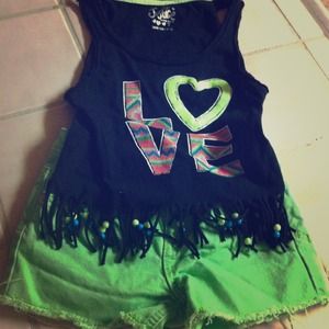 neon green luv shirt neon shorts