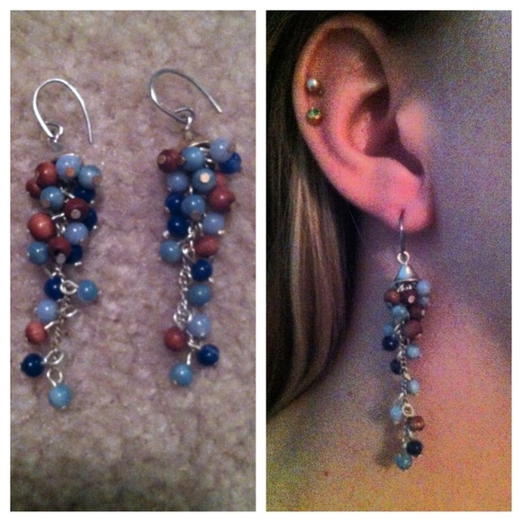 Blue and brown beaded drop earrings - Picture 1 of 1