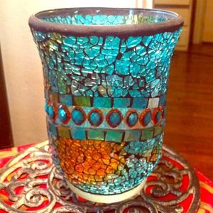 Mosaic blue turquoise & copper colored vase decor