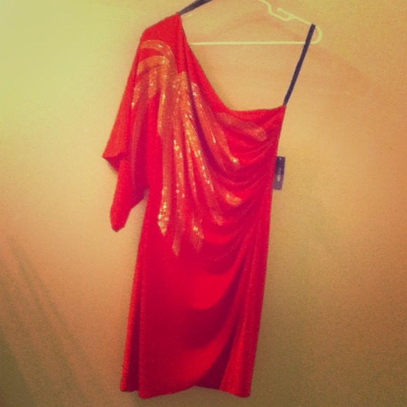 Bisou Bisou Red Gold-studded One Shouldered Dress