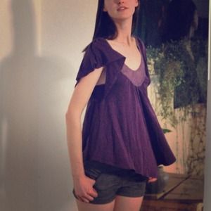 Purple scarf draped blouse w/ crochet neckline