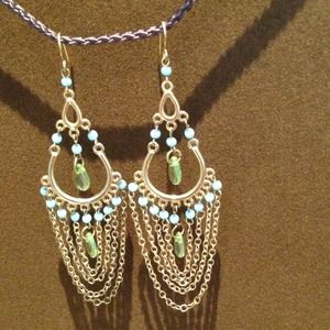 Green/turquoise/gold chandelier earrings.