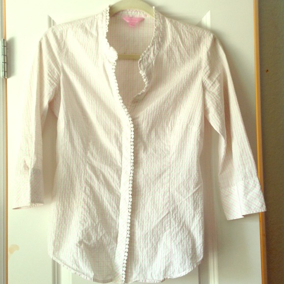 Lilly Pulitzer with pink and green lattice blouse
