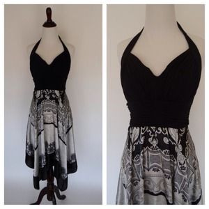 Halter dress with patterned, silky skirt