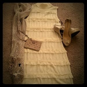 🆕NWT Calvin Klein Ruffle Cream Cocktail Dress👗Sleeveless Turtleneck