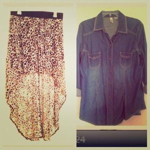 Bundle! Cheetah print skirt & denim shirt!