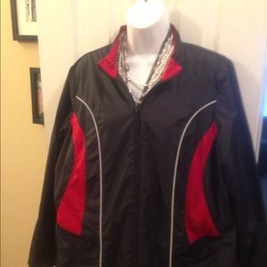 Black, red and silver trimmed running suit