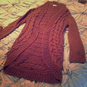 Long Cable Knit Sweater Cardigan w/ Back Detail
