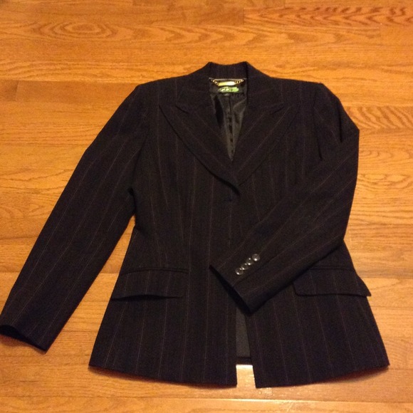 Blk 3 button blazer with blue and pink pin stripe