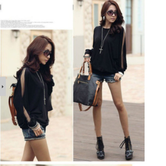 Tops - A cotton loose t shirt batwing lace long sleeve