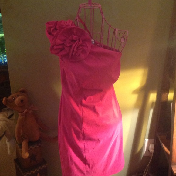 Pink dress with big flower on one shoulder