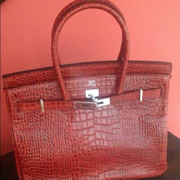 Deep orange leather croc tote with silver hardware