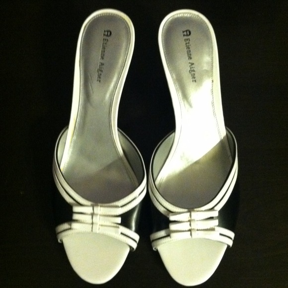 Etienne Aigner black and white kitten heels