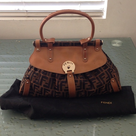 Fendi Purse Handbag Zucca w/Tabacco Leather