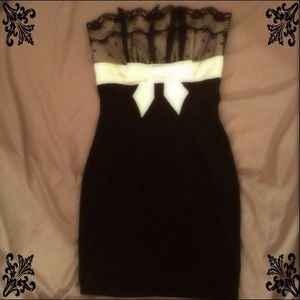 Black and white strapless lace dress w/ satin bow