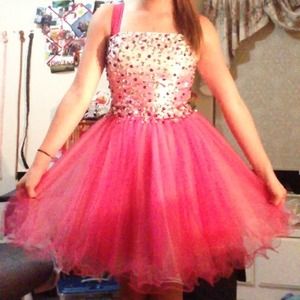 pink formal dress with red and clear rhinestones
