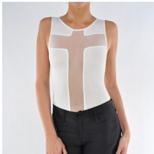 Suede Texture Bodysuit w/ Cross Mesh Ivory