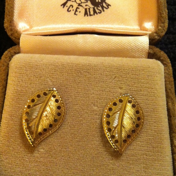 Vintage Costume Earrings Gold Leaf Posts