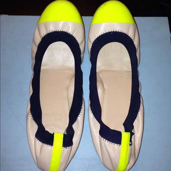 J Crew flats in neon, beige, and navy colorblock