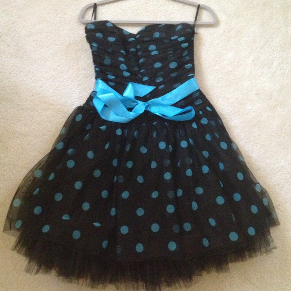 Jessica McClintock black and teal polka dot dress