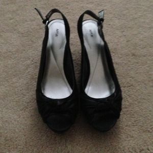 Peep toe wedges.  Black.