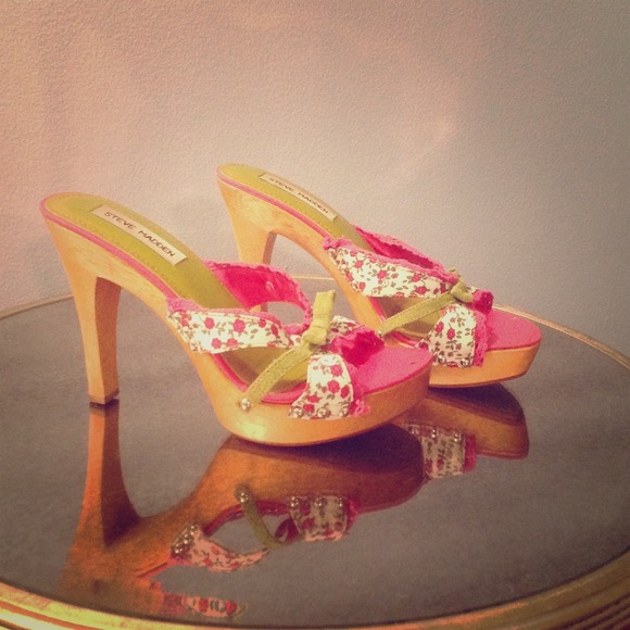 Bright pink/green platform heels