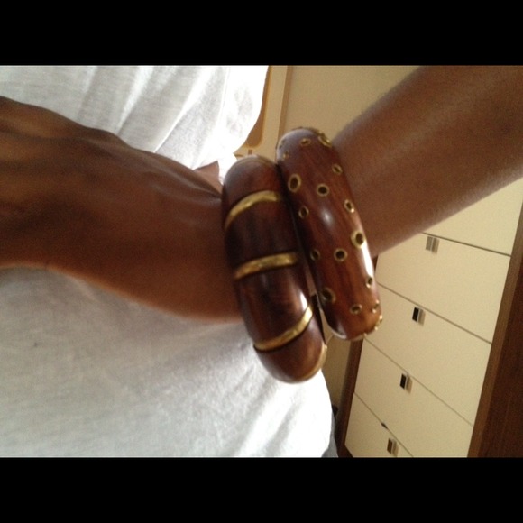SOLD - Wooden Bangles with Gold Accents - set of 2