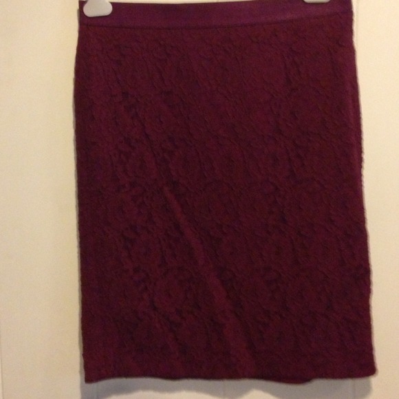 Burgundy lace pencil skirt.