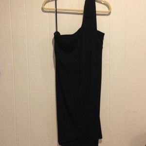 One shoulder black jersey dress.