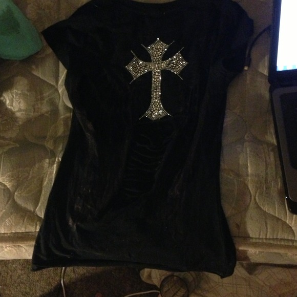 destroyed black cross tee. purple and black studds