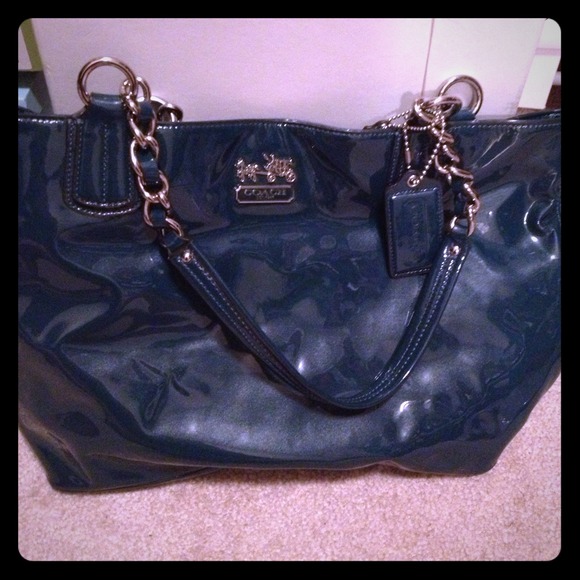 ❌SOLD LOCALLY❌Patent, deep teal and Coach tote!