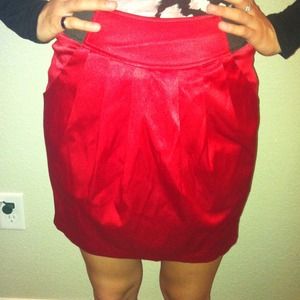 Red silky pencil skirt