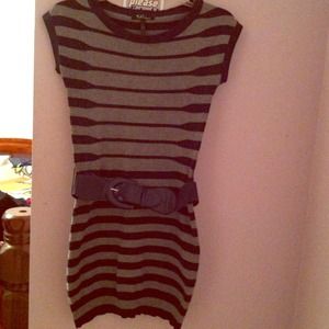Stripped grey and navy blue sweater dress.