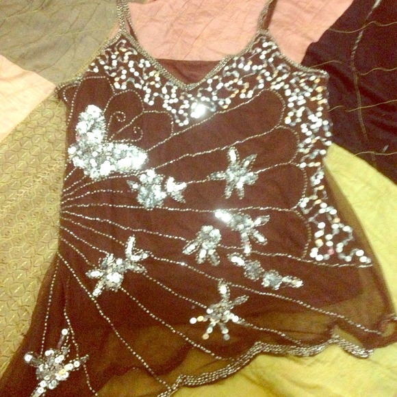 Tops - Unique brown, silver sequined and beaded top!