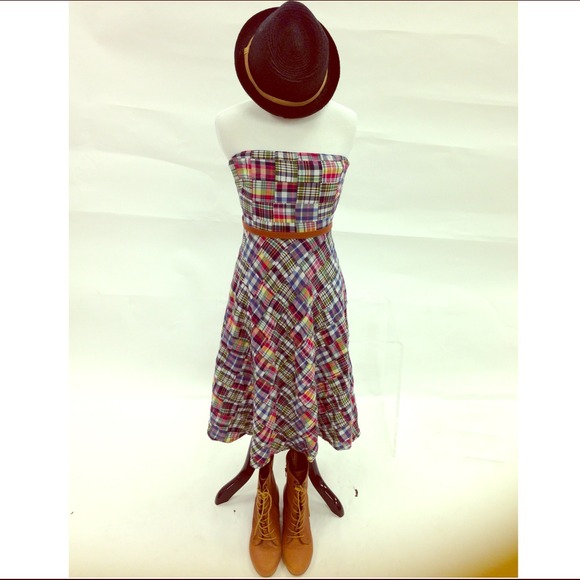 J Crew mixed plaid strapless dress