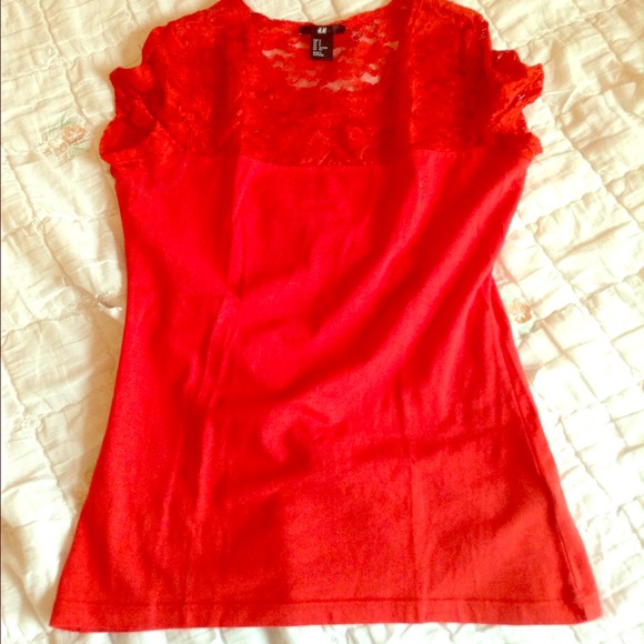Red lacy and solid tee. - Picture 1 of 2